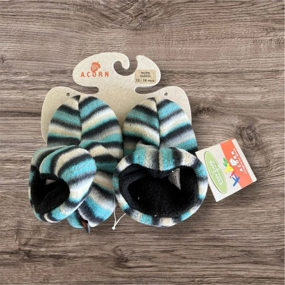 Acorn tots Unisex Kids‎ Baby 12-18 Months Blue Striped Booties Slippers NEW